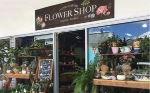 Mẫu bảng hiệu shop hoa đơn giản, hài hòa với thiết kế của cửa hàng